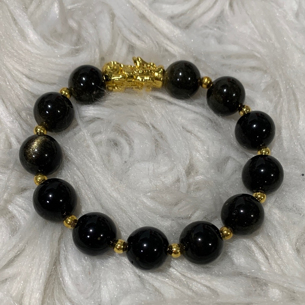 HANDMADE Elegant Black and Gold Beaded Stretchy Bracelet w 24K Gold Plated Pixiu